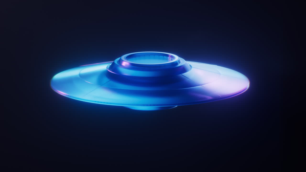 Loop animation of UFO with dark neon light effect, 3d rendering.