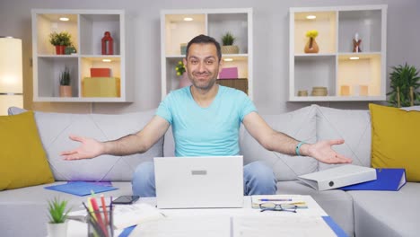 home office worker man says come to camera, calling you.