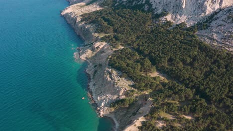 aerial view of the forest and rocky mountains of karst at the adriatic sea in krk island, croatia