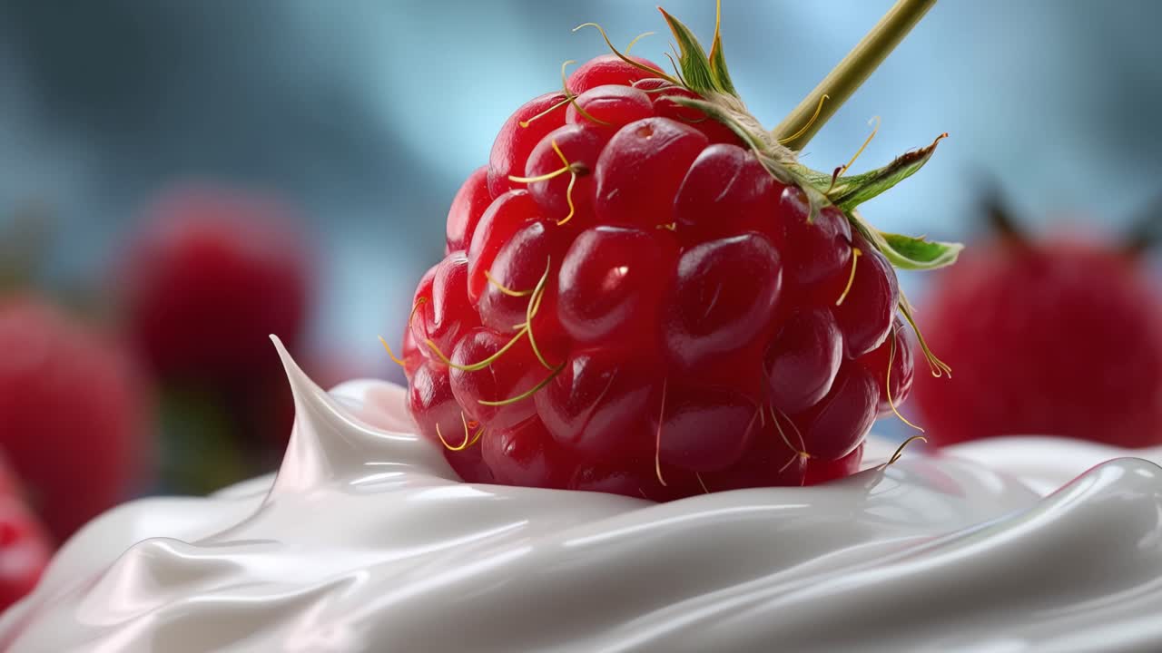 Fresh Raspberry Dropping into White Cream in Slow Motion