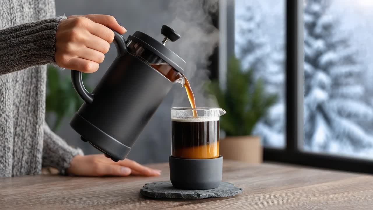 Warm Coffee Brewing in a Stylish French Press: A Cozy Winter Scene with Steaming Cups and Soft Natural Light Streaming Through the Window