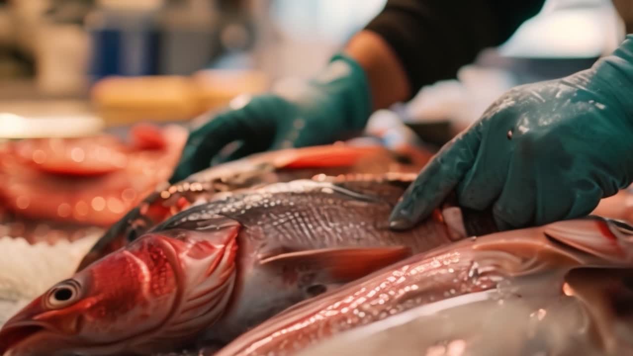 Fresh fish display with gloved hand