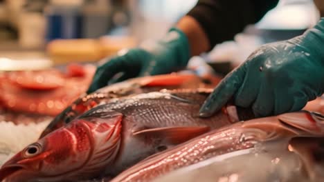 fresh fish display with gloved hand