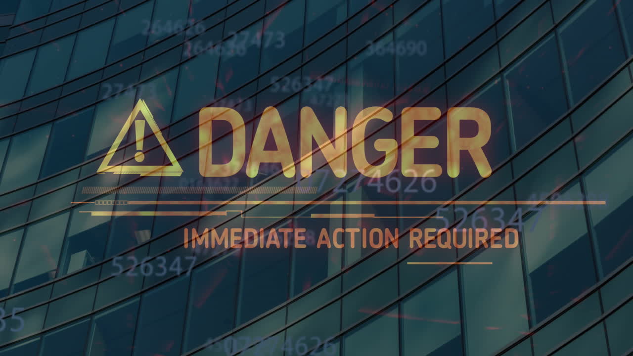 animación del texto de peligro sobre el procesamiento de datos y el edificio de oficinas