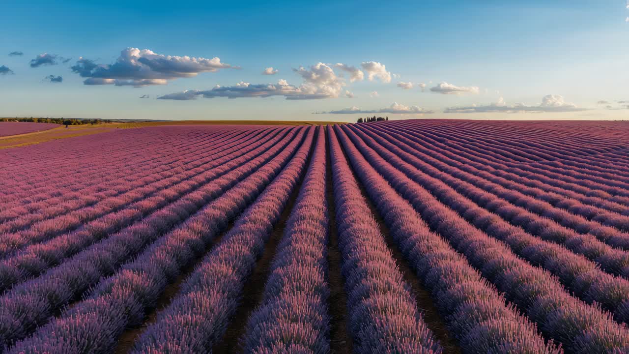 Vol en drone aérien en phase de descente révélant des rangées de lavande, des sillons dans le sol au-dessus du champ, attirant le regard vers le bosquet