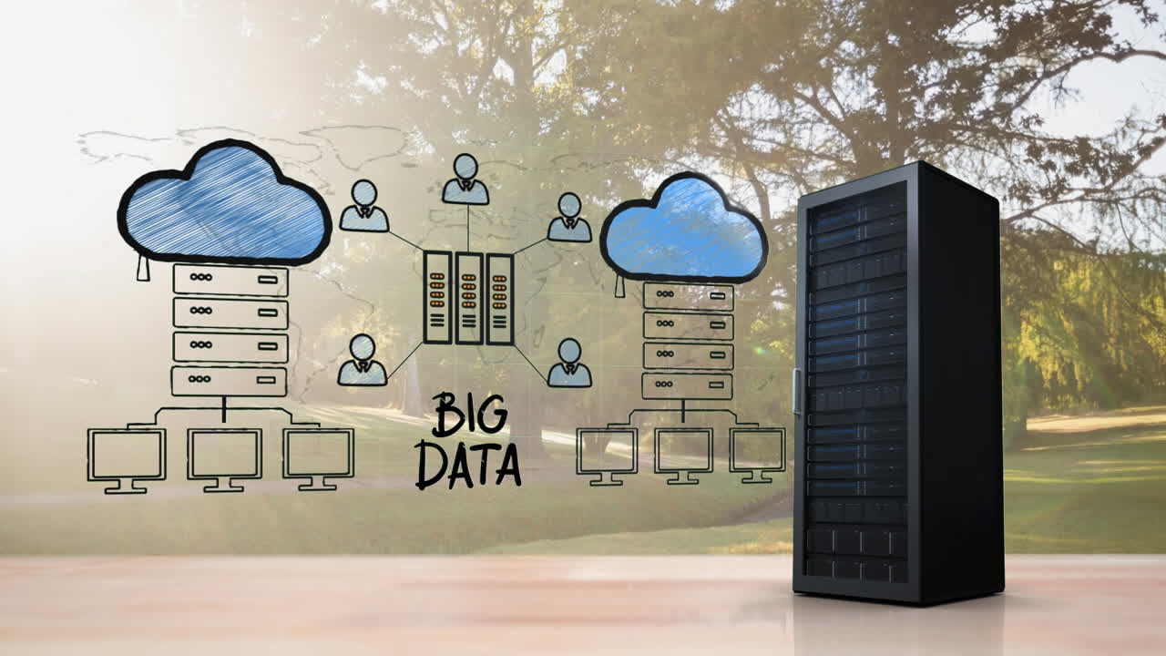 Animation of big data, network scheme and server over landscape
