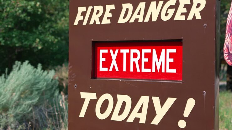 EXTREME Fire Danger Today red and white sign on brown metal board with shrubs bushes and trees in blowing in breeze in background wide shot at national park in Ogden Utah