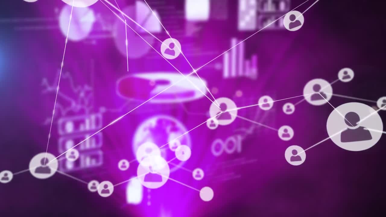 animación de la red de conexiones sobre el procesamiento de datos en fondo púrpura