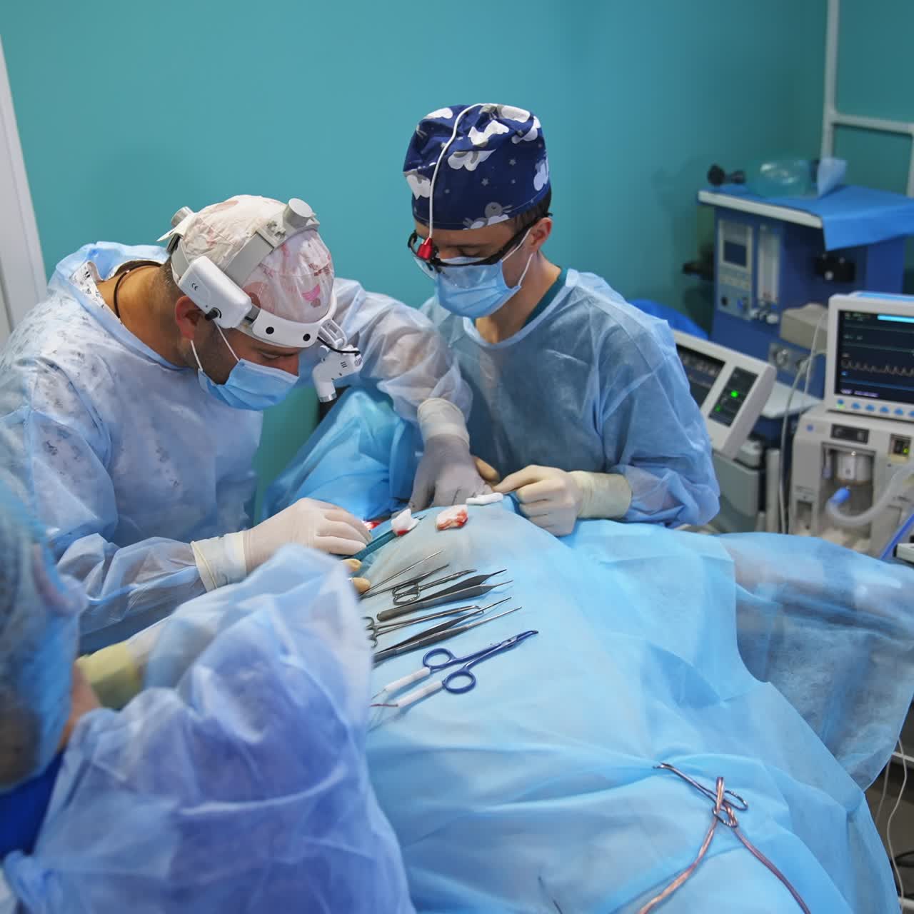 Operating the patient in the modern surgery room. Two doctors work using metal tool laid on the body of a patient
