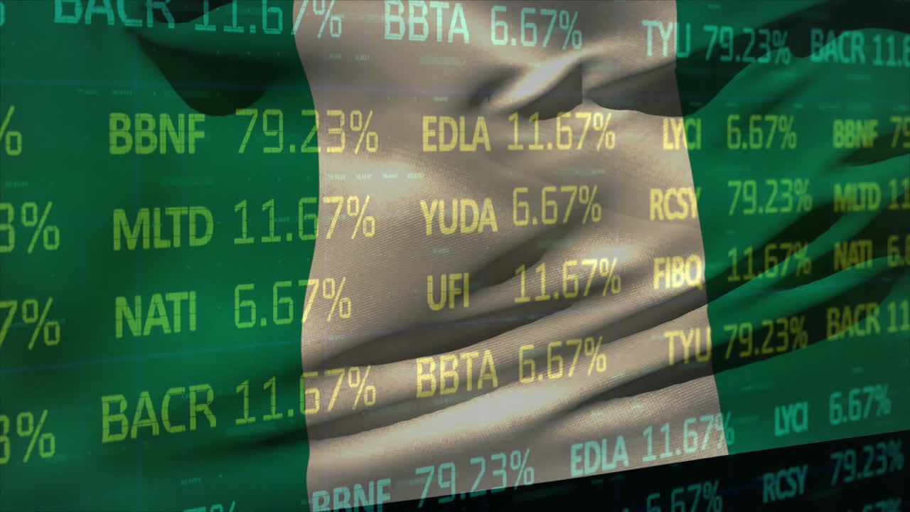 Animazione di elaborazione dati di borsa su bandiera nigeriana sventolante su sfondo nero.