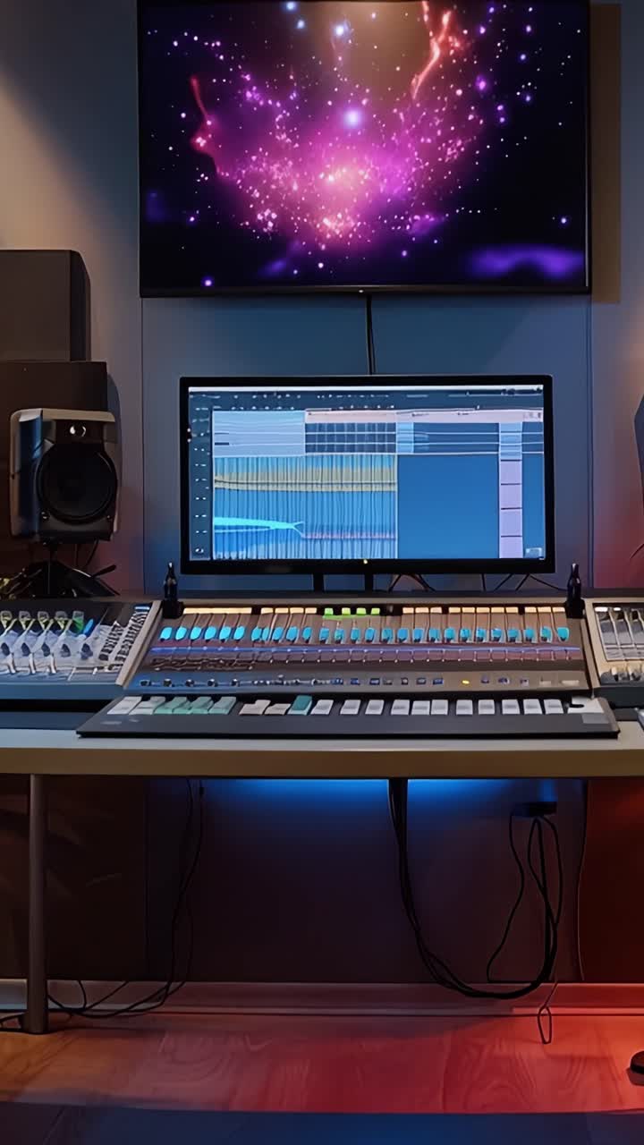 Moderní hudební produkční studio s pokročilým mixážním pultem, kreativním osvětlením a ergonomickou židlí, vytvářející inspirativní zvukové prostory pro hudebníky a producenty.