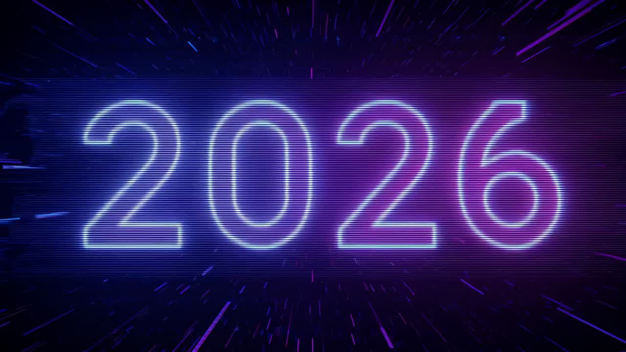 Primo impulso che fa pulsare numeri al neon 2026 su sfondo nero, emettendo particelle, mostrando il titolo