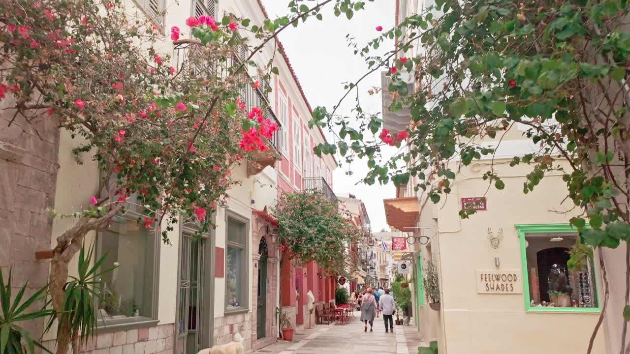 Urban exploring floral narrow streets pretty medieval Greek town