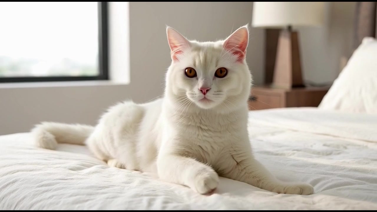 Kucing Putih Cantik Beristirahat di Tempat Tidur di Kamar Tidur yang Cerah