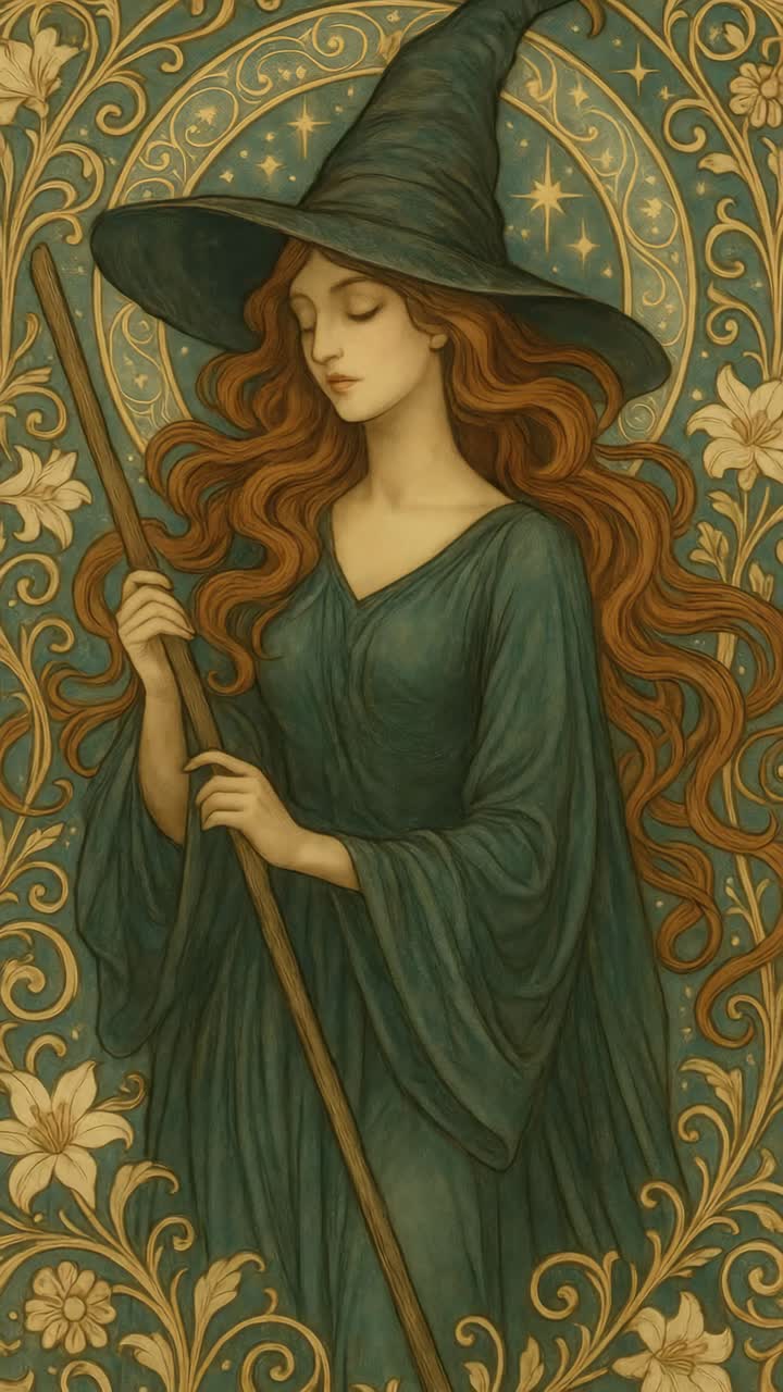 Art Nouveau-style illustration of a witch with flowing hair and a hat, captured from a front angle