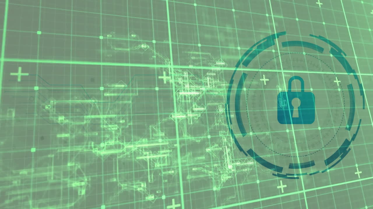 Padlock icon floating over green grid, highlighting wireframe circuits and circular HUD elements