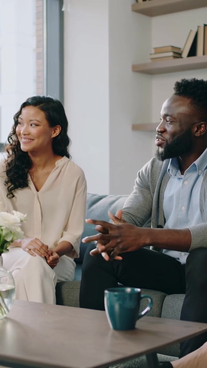 Vertical video: Listening couple in smart casual responding to off-camera prompt on sofa, teal mug
