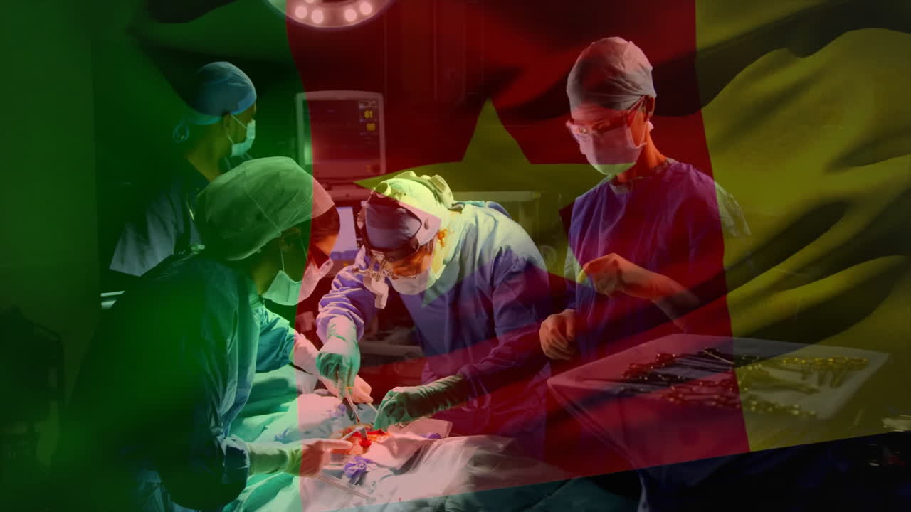 Animation of flag of cameroon over diverse surgeons in hospital