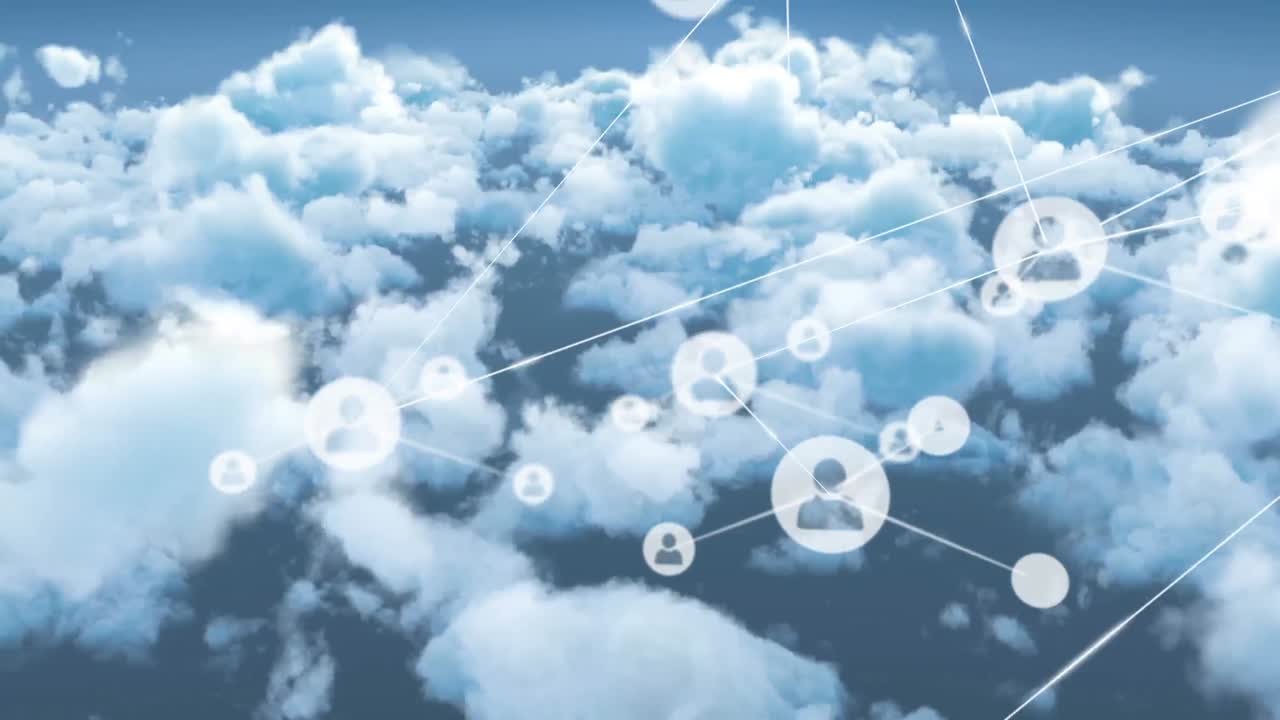 사람들과의 연결 네트워크의 애니메이션 구름이 있는 하늘 위의 아이콘