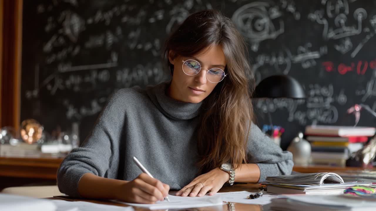 Focused Young Woman Engaged in Study and Writing with a Mathematical Background, Capturing a Moment of Intellectual Pursuit and Creativity in an Academic Environment