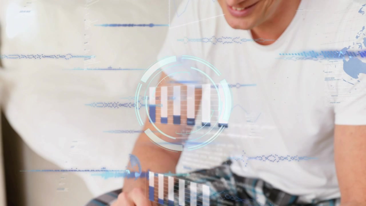 Man tapping smartphone, initiating tech HUD overlaying hands and chest while checking bars, smiling
