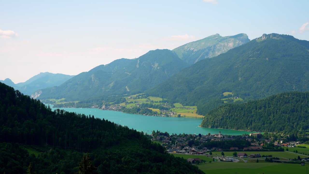 Timelapse of Lake Wolfgang and Strobl am Wolfgangsee in the Salzburg Alps region during the summer in Austria