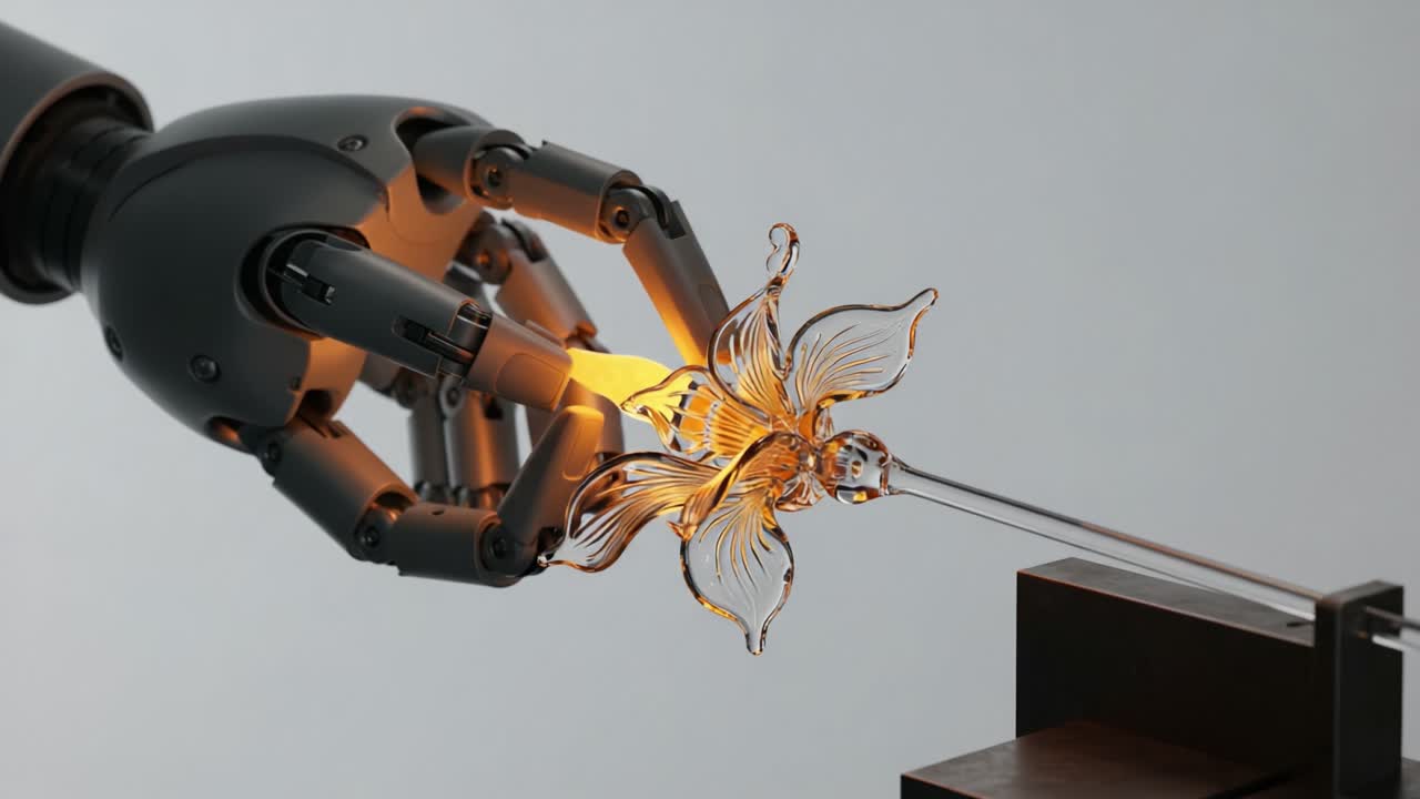 A robotic hand delicately creates an intricate glass flower sculpture, showcasing the blend of technology and artistry in modern craftsmanship and design