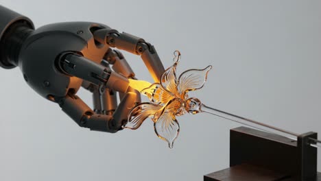 a robotic hand delicately creates an intricate glass flower sculpture, showcasing the blend of technology and artistry in modern craftsmanship and design