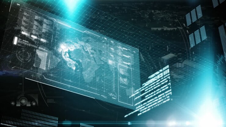 Animation of data processing on screen over cityscape