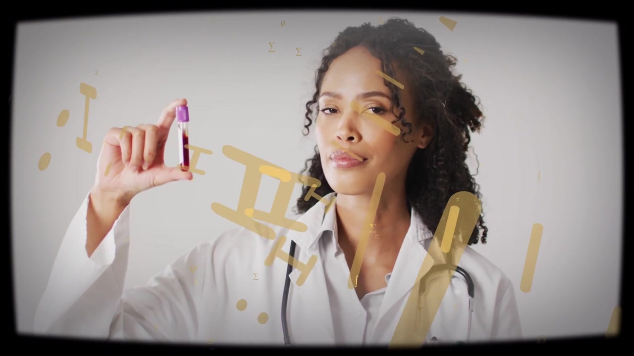 Clinician raising vial and inspecting blood for results while gold overlays partially crossing face