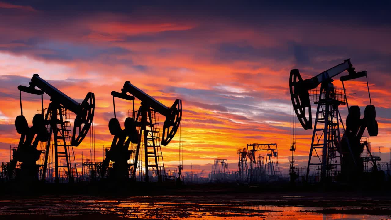 Un Atardecer Vibrante Sobre Plataformas Petrolíferas: Cautivadoras siluetas contra un cielo dramático, iluminado por colores ardientes y reflejos en el agua inferior