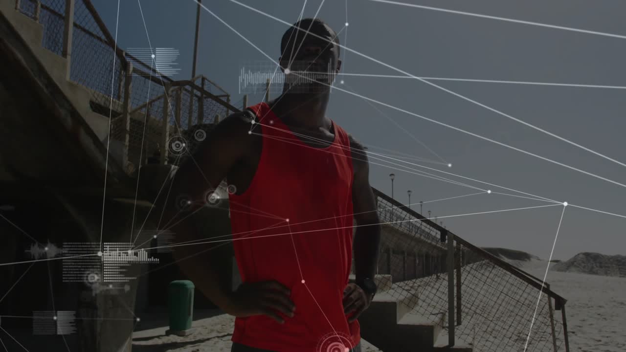 Man standing beach pier initiating animated HUD scanning posture and scene for fitness technology