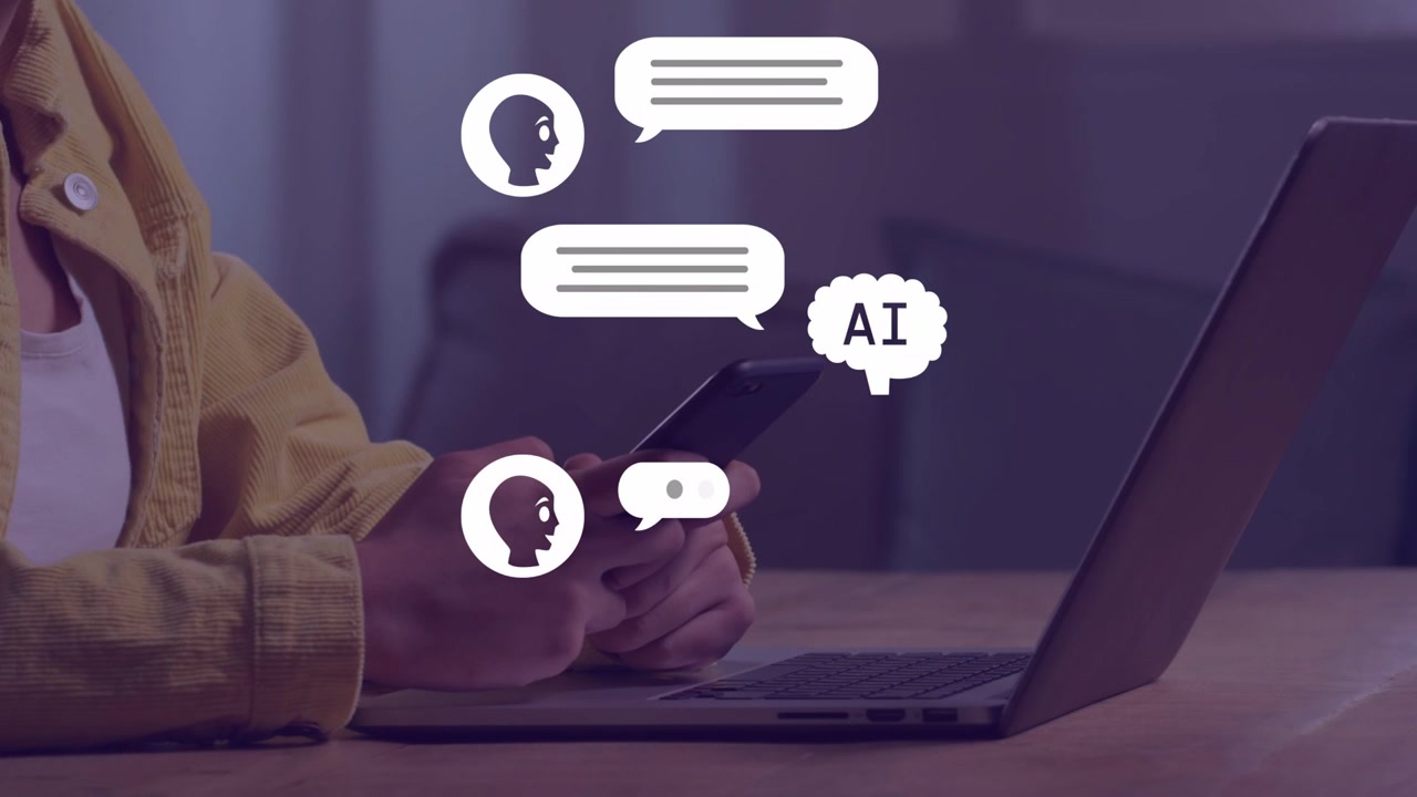 Woman tapping smartphone above laptop causing animated AI speech bubbles stacking into AI bot chat