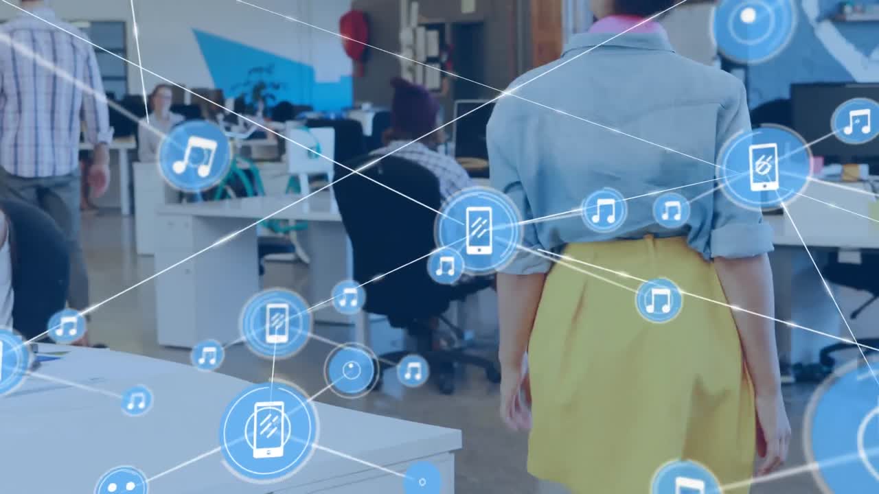 사무실에서 일하는 다양한 사람들을 대상으로 디지털 아이콘 네트워크의 애니메이션