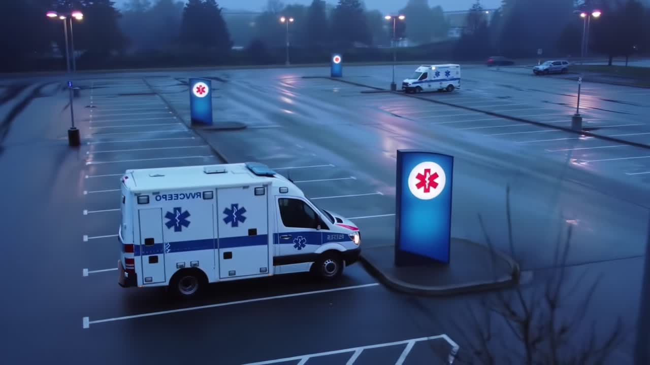 A Quiet Emergency Scene: An Ambulance Parked in a Desolate Parking Lot During Early Dawn with Illuminated Emergency Signs and Atmospheric Conditions