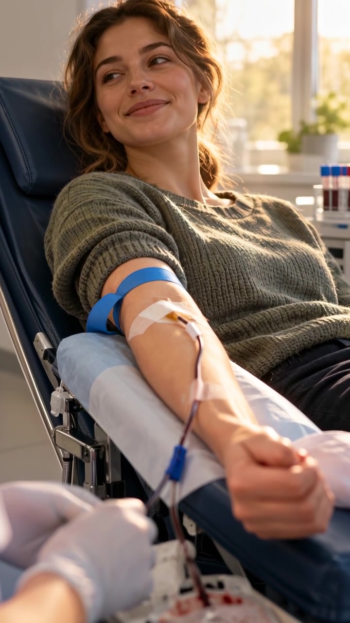 Donatore tranquillo riposa con il braccio appoggiato su un cuscino, laccio emostatico blu e tubicino fissato con nastro adesivo visibili mentre mani guantate maneggiano la linea del sangue accanto alla sacca di raccolta sotto la luce intensa di una finestra