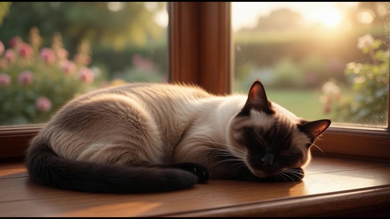 Gatto siamese che dorme su un davanzale soleggiato