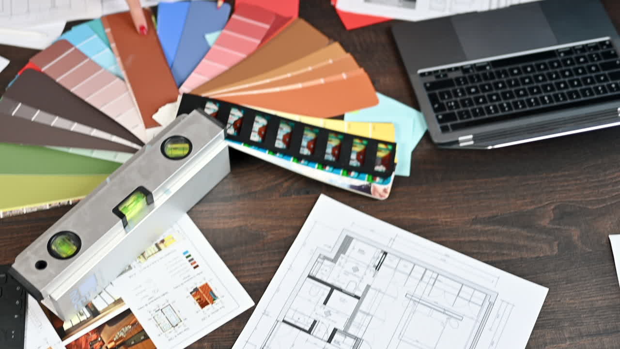 Coworkers analysing building plans and colours in an office