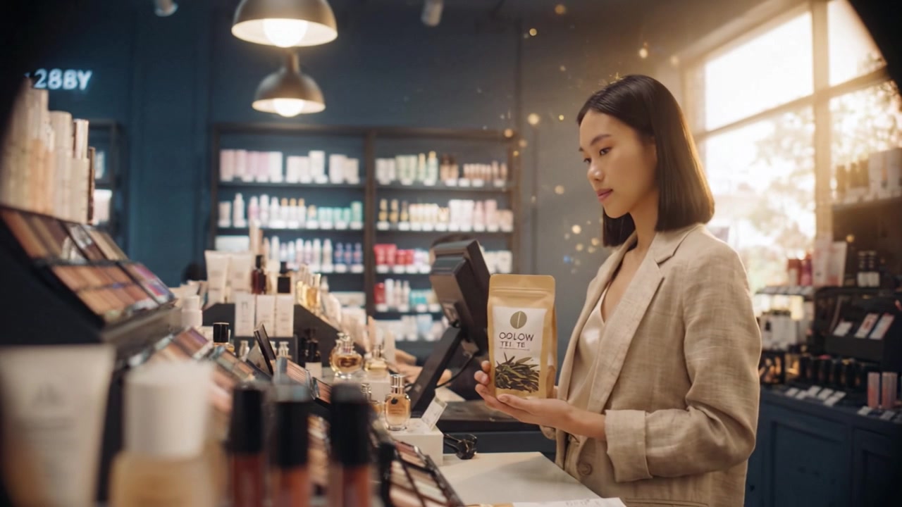 ผู้หญิงกำลังเลือกดูสินค้าในร้านขายเครื่องสำอาง ถือผลิตภัณฑ์ดูแลผิวจากธรรมชาติในสภาพแวดล้อมร้านค้าปลีกที่สดใสและจัดระเบียบอย่างดี พร้อมผลิตภัณฑ์แต่งหน้าหลากหลาย