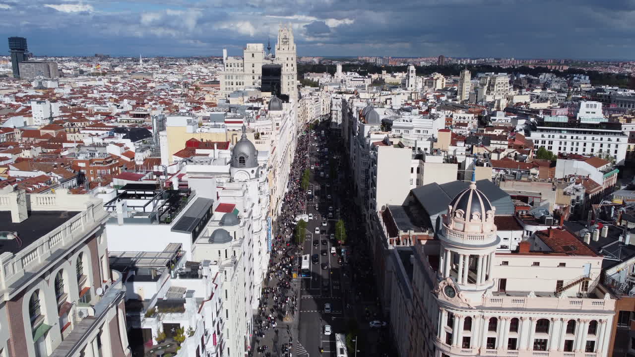 Aerial View Of The Busy Street Roads Of Madrid, Capital City In Spain.