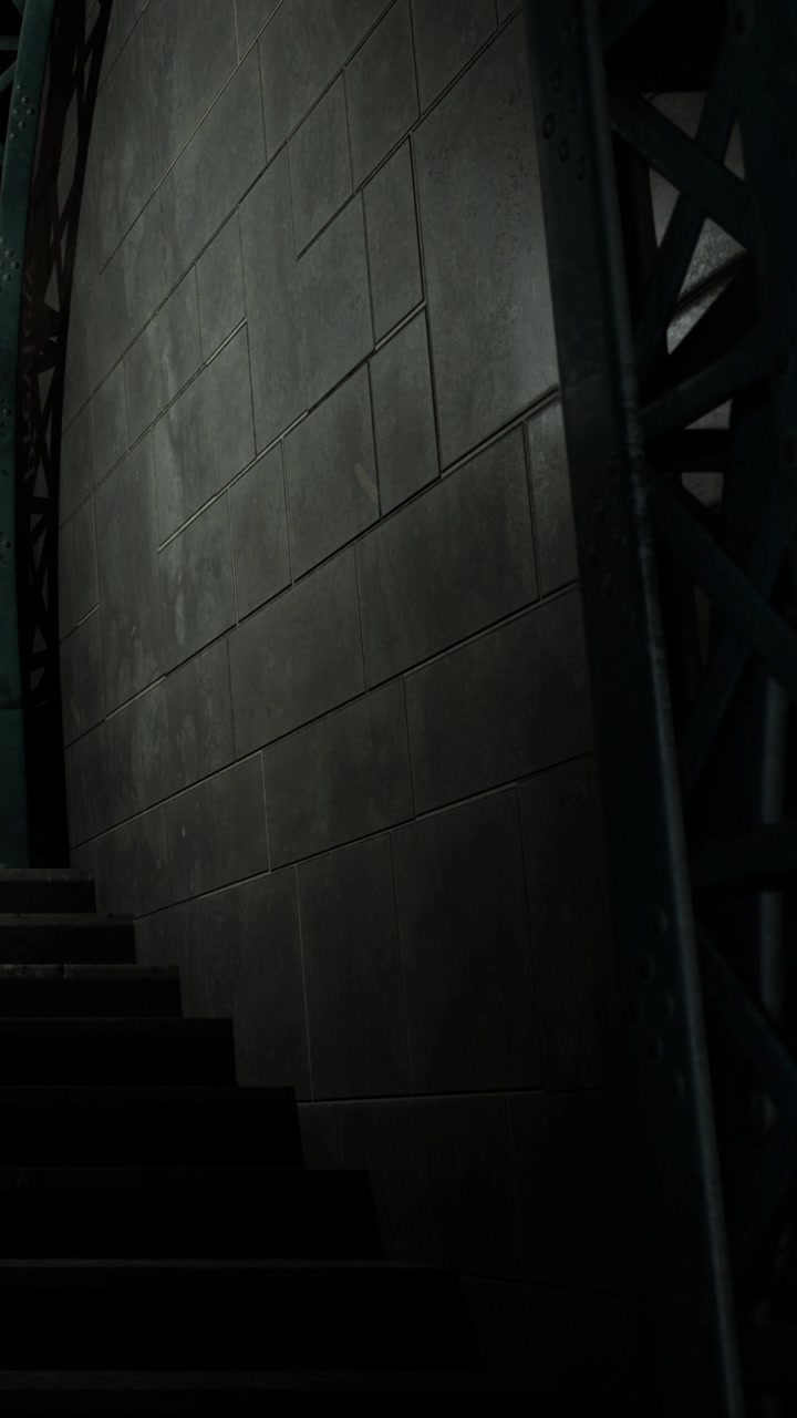 Steps lead to dark area near metal structure in unknown location