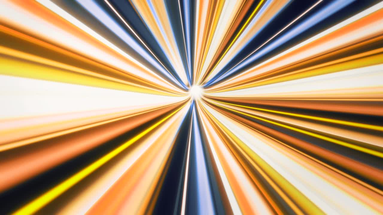 Abstract speed tunnel of colorful shining rays on black background, seamless loop. Animation. Motion graphics, fast flight through glowing space and time tunnel.