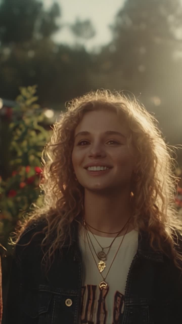 A Glimpse of Joy: Capturing the Radiant Smile of a Young Woman in a Sunlit Garden, Embraced by Nature's Beauty and the Warmth of Friendship