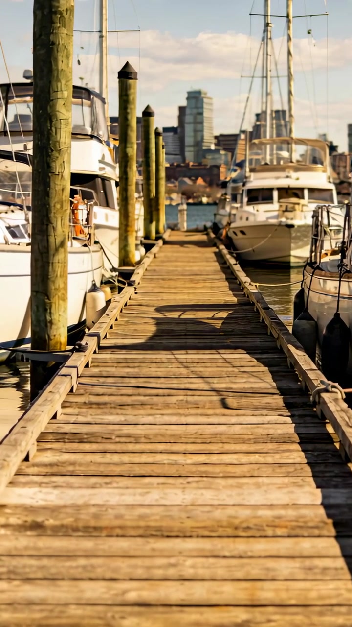 Vertical video: Camera moving along wooden dock at marina, push starting, showing yachts, skyline