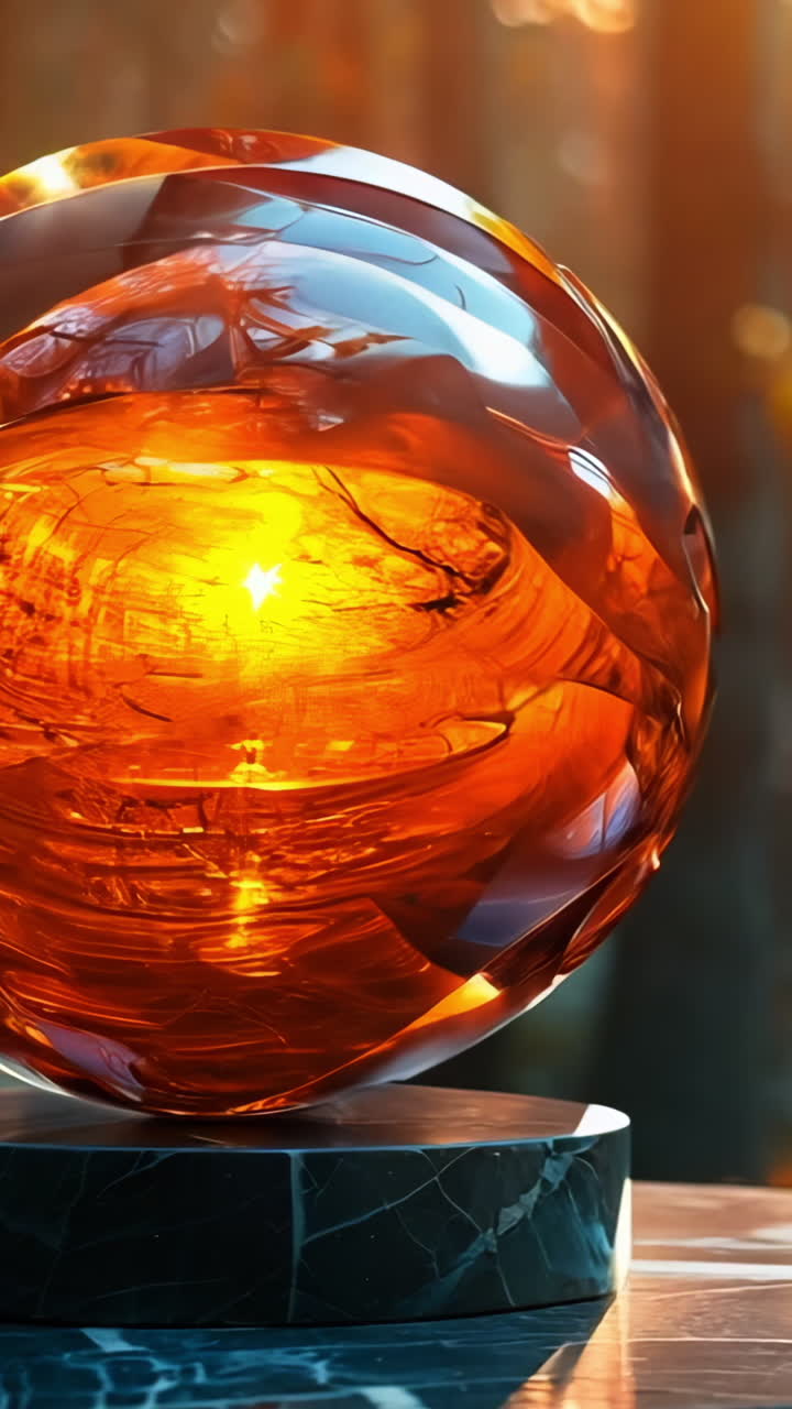 A large, orange, glass sphere sits on a marble table. The sphere is surrounded by a forest of green leaves and branches. The scene is serene and peaceful, with the sun shining through the leaves
