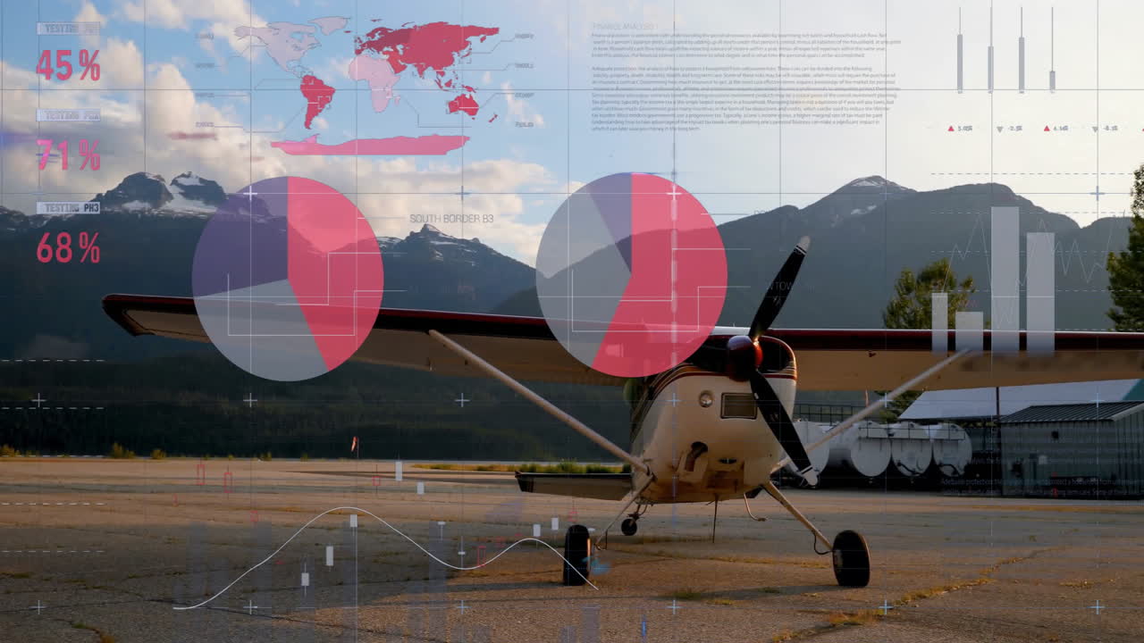 анимация обработки данных и диаграмм над самолетом в аэропорту