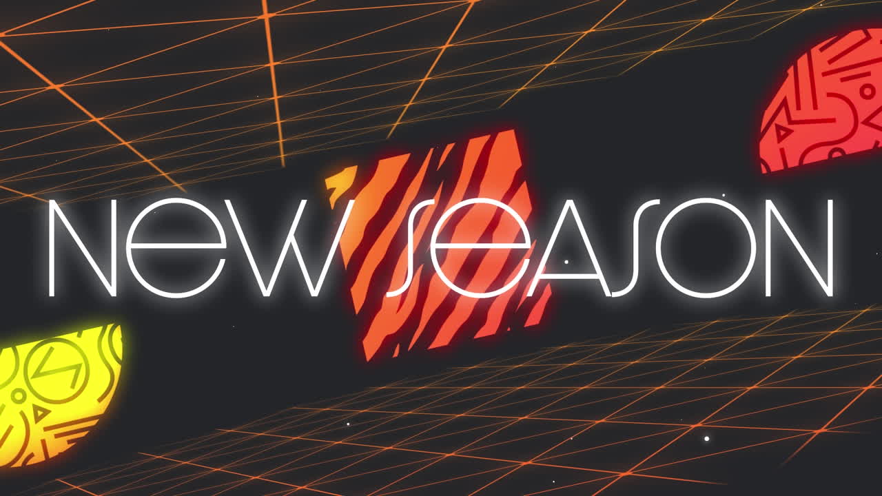 Animation of new season in white text over divided orange shapes and grid on black background