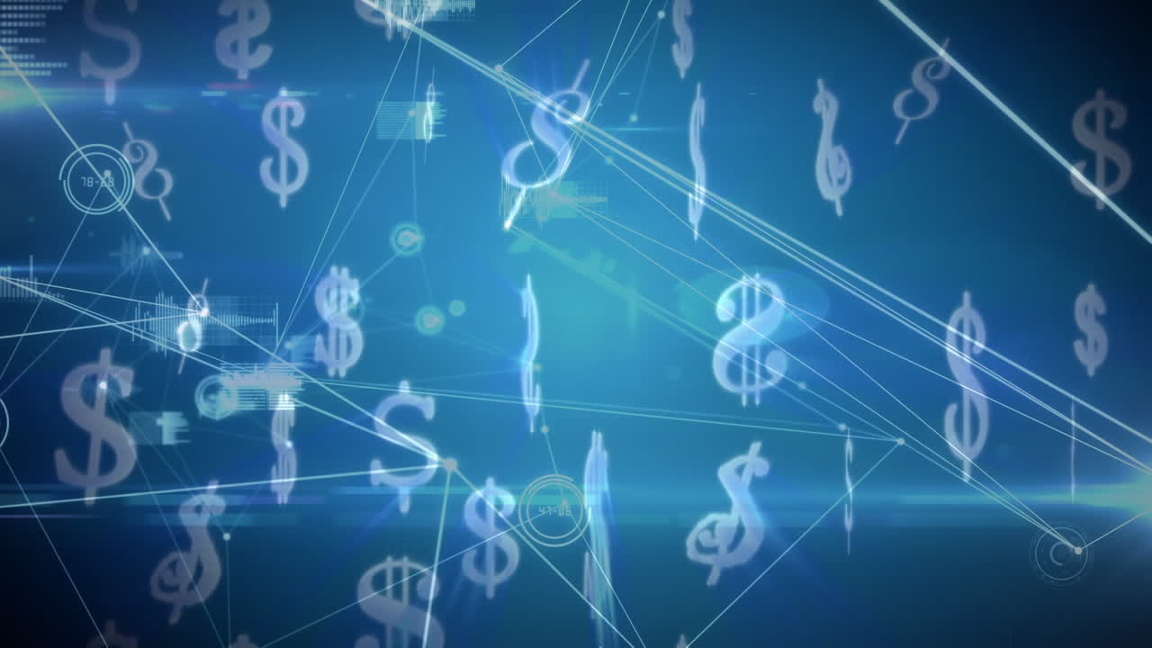 simbolo del dollaro e rete di connessioni su sfondo blu