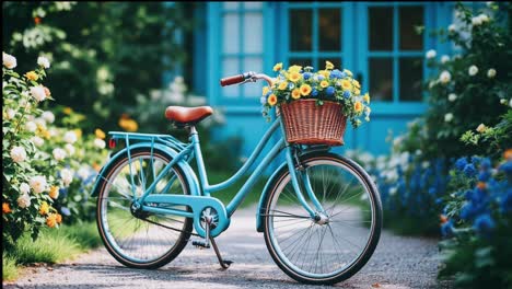 a beautiful blue bicycle with a basket of flowers in a garden