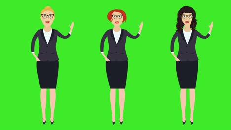 set of 3 business women, hello welcoming gesturing by hand, cartoon animation, green screen chroma key